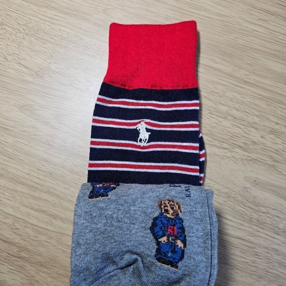 Polo Ralph Lauren Bear USA Socks 2-Pack AOP Striped Large L 10-13 Grey Navy Pony - Picture 6 of 8